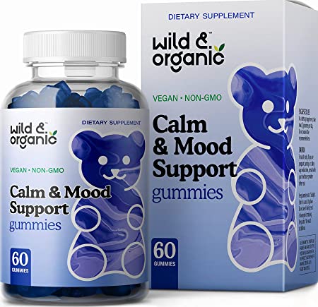 Wild & Organic Calm & Mood Support Gummies - Herbal Supplement with Magnesium, L-Theanine, Ashwagandha, Lemon Balm & Bacopa - Support Calmness, Alertness, Stress Relief - Vegan, Non-GMO - 60 Chews