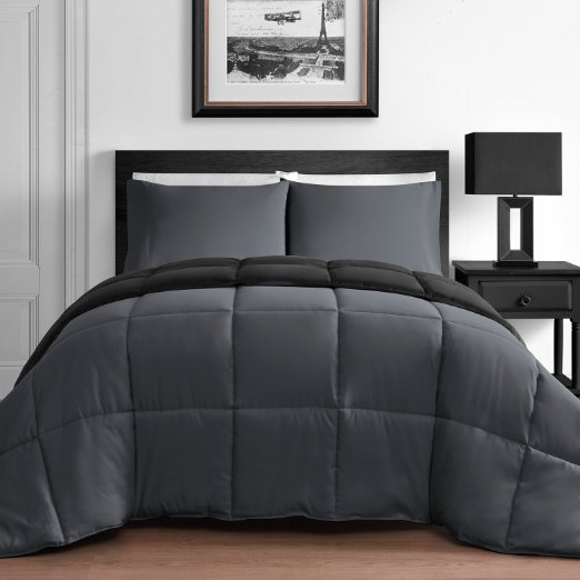 Modern 3 Piece King & Queen Home Reversible Microfiber Comforter Set in Gray & Black (Queen)