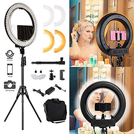 Lusweimi 14" Outer 55W 5500K Dimmable Dual Colored LED Round Ring Light, Warm/White Color Temperature Camera Mirror YouTube Video Makeup Lighting with Light Stand