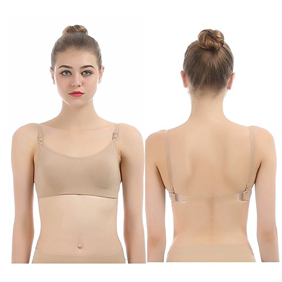 iMucci Professional Beige Clear Back Bra - Seamless Backless Freebra with Adjustable Clear Straps for Ballet Dance Party