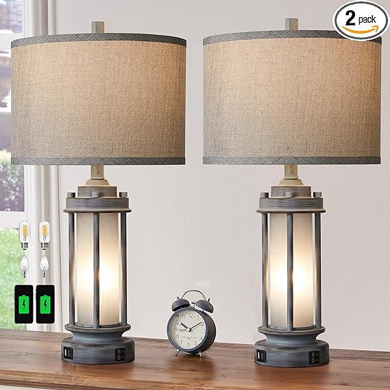 AIEAMPDO Set of 2 Rustic Table Lamps for Living Room, Farmhouse Vintage Nightstand Lamp with 2 USB Ports, Antique Retro Light Green Glass Night Light for Bedroom Entryway, 4 Bulbs Included…