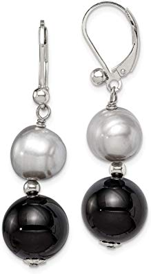 Sterling Silver 10-12mm Black Agate Silver FWC Pearl Earrings 38x12 mm