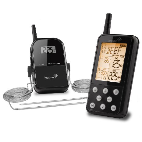 Ivation Extended Range Wireless Cooking Thermometer - Dual Probe - Remote BBQ, Smoker, Grill, Oven, Meat Thermometer - Monitor Food Up To 325' Away (Black)