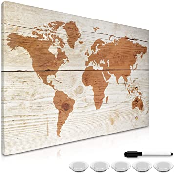 Navaris Magnetic Dry Erase Board - 16 x 24 inches Decorative White Board for Wall with Design, Includes 5 Magnets and Marker - World Map