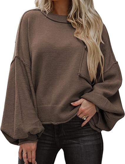 Dokotoo Women's Lantern Sweater 2023 Fall Winter Long Sleeve Casual Cropped Tops Ribbed Hem Knitwear Pullover