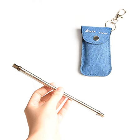 ASPERO Uniquely Expandable and Retractable Stainless Steel Straw Metal Drink Straws Length of 8 inch Reusable Straw Keychain with Cleaning Brush [Thin-Blue]