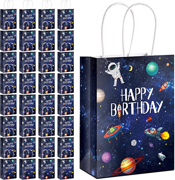 Outer Space Party Favors Space Goody Bags with Handles Kraft Paper Galaxy Gift Bags Planet Goodie Bags Treat Bags Astronaut Present Bags for Boys Girls Birthday Space Theme Party Favors (32 Pack)
