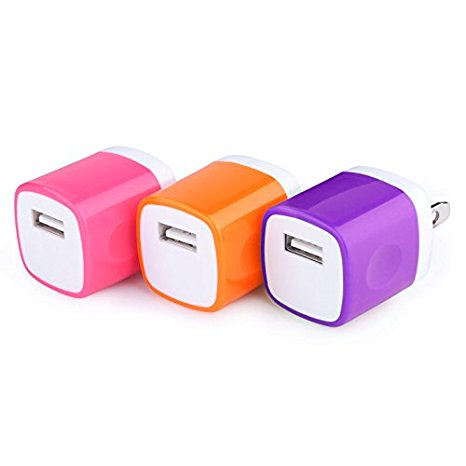 Wall Charger, AiGoo 3 Pack 1AMP USB Power Home Travel Adapter Wall Charger for iPhone 6 Plus, 6s, 6s Plus, iPad, Tablet, Samsung Galaxy S7, S6, HTC, LG, Sony and More Devices (Orange, Rosered, Purple)