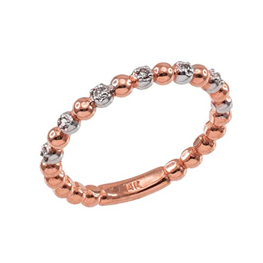 Fine 10k Two-Tone White and Rose Gold Beaded Stackable Ring with Natural Diamonds
