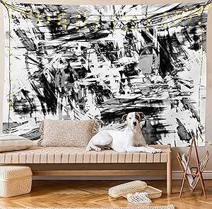 Ambesonne Monochrome Tapestry, Old Grunge Style Abstract Art with Brushstrokes Chaos Image Print, Fabric Wall Hanging Decor for Bedroom Living Room Dorm, 28" X 23", White Black and Grey