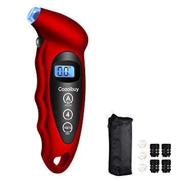 Cooolbuy Digital Tire Pressure Gauge 150 PSI 4 Settings with Backlight LCD and Non-Slip Grip-Button Cells,Tire Valve Caps,Carry Bag Included (Red-1 Pack)