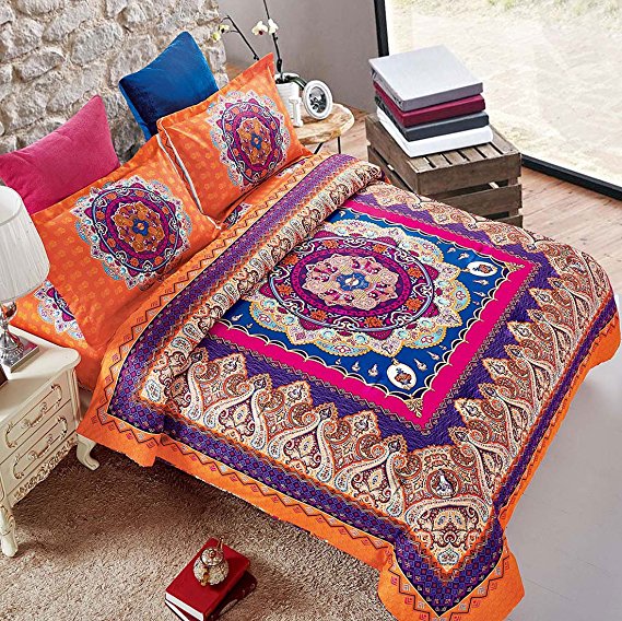 Wake In Cloud - Mandala Comforter Set Queen, 3-Piece Orange Bohemian Boho chic Medallion Pattern Printed, Soft Microfiber Bedding (3pcs, Queen Size)