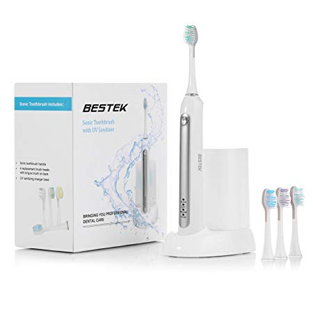 BESTEK Sonic Electric Toothbrush, Rechargeable Toothbrush with UV Sanitizer, 4 Brush Heads with Tongue Brush, IPX7 Waterproof, Black,(RLT234)