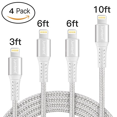 Jumtent Lightning Cable 4Pack 3FT 6FT 6FT 10FT Nylon Braided Cord USB Syncing and Charging Cable Charger for iPhone 8/8 Plus/7/7 Plus/6/6 Plus/6S/6S Plus,SE/5s/5c/5,iPad/iPod (Silver&White)