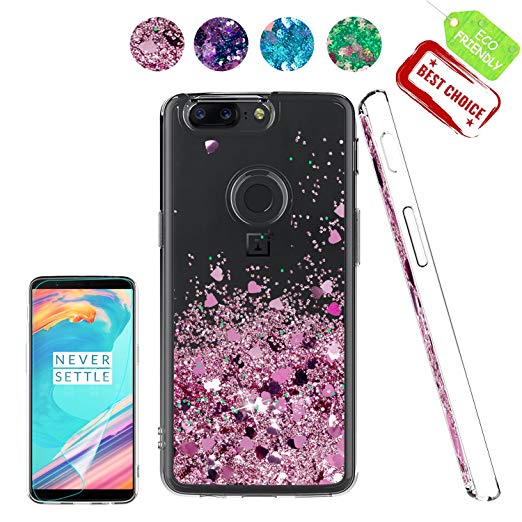 ATUMP OnePlus 5T Case Clear Flexible Bling Sparkly Glitter Liquid Slim Fit TPU Silicone Pretty Shell Shockproof Anti Scratch Girls Phone Cover Cases   HD Screen protector for OnePlus 5T Rose Gold