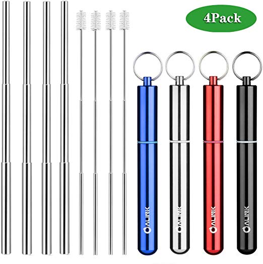 ALINK 4 Pack Rainbow Portable Reusable Collapsible Drinking Straws - Telescopic Stainless Steel Foldable Metal Straw with Aluminum Case & Cleaning Brush Red/Blue/Silver/Black