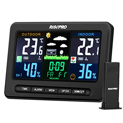 RISEPRO Wireless Weather Station with Outdoor Remote Sensor Indoor /Out Temperature and Humidity Alarm Clock Calendar Weather Forecaster with Color LCD Display