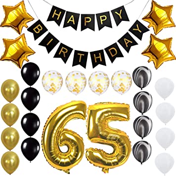 Happy 65th Birthday Banner Balloons Set for 65 Years Old Birthday Party Decoration Supplies Gold Black