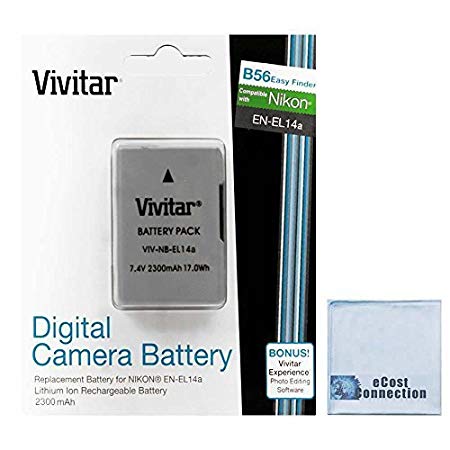 Vivitar EN-EL14A EN-EL14 2300mAh Replacement Li-ion Battery For Nikon D5300, D5200, D3100, D5100, D3300, D3200, D5500 Coolpix, P7000, P7100, P7700, P7800 Cameras & More   eCost Microfiber Cleaning Cloth