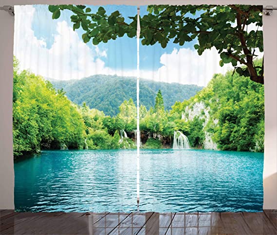 Ambesonne Rustic Curtains, Lake in Deep Forest Fed by Several Waterfalls in Summer Idyllic View Print, Living Room Bedroom Window Drapes 2 Panel Set, 108 X 84 Inches, Pale Blue and Green