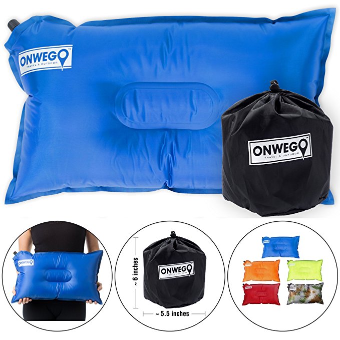 ONWEGO Camping Pillow/Small Inflatable Pillow- 20in x 12in, 10.5oz, Self Inflating Air Pillow, Lightweight - Best gear for Outdoor Trips, Backpacking, Hiking, Beach, Travel, Motorcycle, Car
