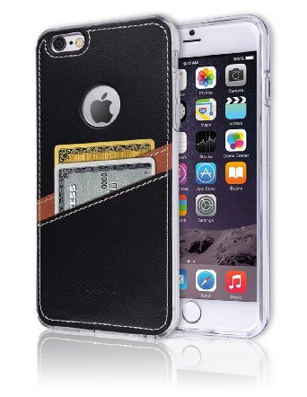 iPhone 6 Plus / 6S Plus Case [Leather Back Cover] [Wallet Case] [2 Card Holder] Soft Slim Fit Hybrid Polyurethane TPU Flexible Bumper Slot Shock Absorbing Protection For Apple iPhone6S Plus (Black)