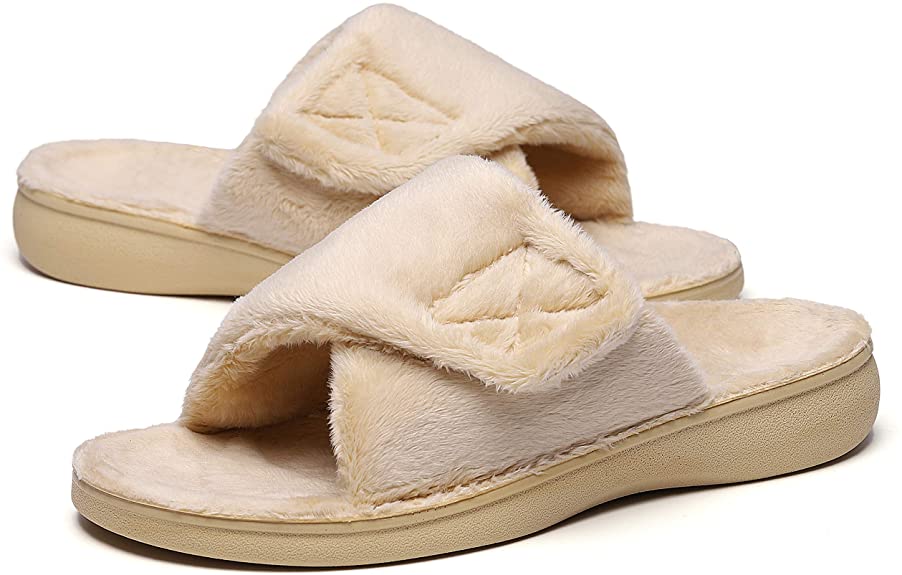 SOLLBEAM Fuzzy House Slippers with Arch Support Orthotic Heel Cup Sandals for Women