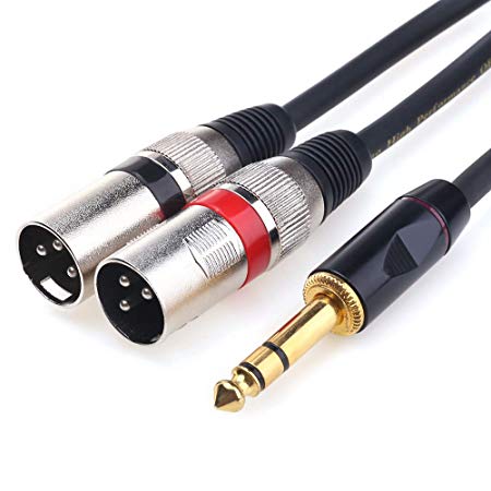 TISINO 1/4 inch TRS Stereo Male to Dual XLR Male Splitter Patch Cable Unbalanced Headphone Jack 6.35mm to Double XLR Breakout Cable - 5 FT/1.5m