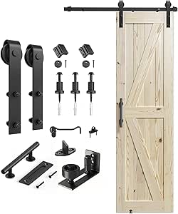 SMARTSTANDARD 24in x 84in Sliding Barn Door with 4ft Barn Door Hardware Kit Included, Unfinished Solid Spruce Wood Door, Assembly Required, DIY, Stainable, Natural