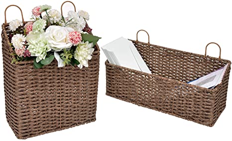 StorageWorks Hand-Woven Imitation Wicker Hanging Baskets, Storage Baskets for Bathroom, Hanging Wall Storage Baskets, Magazine Racks for Home Office, Gingerbread Brown, 2-Pack