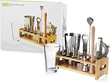 TRUE Barware Set 14 Piece Bar Kit with Shaker, Mixing Glass, Muddler, Double Jigger & More, Assorted