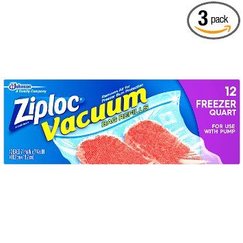 Ziploc Vacuum Refill Bags, For use with pump Quart, 12-Count(Pack of 3)