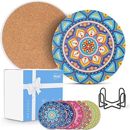 Wanski Coasters for Drinks Absorbent, 6 PCs Ceramic Coaster Set with Metal Holder Rack, Mandala Coasters with Cork Backing, Housewarming Hostess Gifts for New Home, Kitchen, Bar Decorations