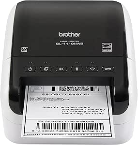 Brother QL-1110NWB Label Maker, Shipping Labeller, Wireless, PC Connected, Network and Bluetooth, Desktop, Wide Format 4 Inch Labels - Print via USB, Ethernet, and Bluetooth