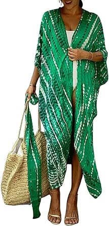 Bsubseach Stylish Tie Dye Open Front Long Kimono Swimsuit Cover up for Women