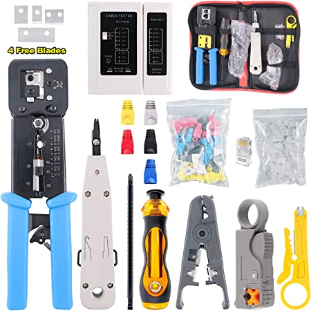 Hilitchi 108 Pcs Network Tool Kit Includes Portable Phone Cable Crimper, Cable Tester, Wire Stripping Cutter, 50Pcs Mixed Color CAT5E CAT6 RJ45 Boot, 50Pcs, Ethernet Cable Connectors, Punch Down Tool