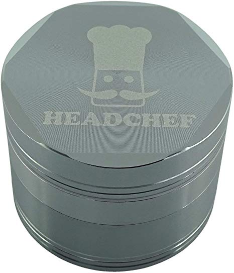 Headchef Hexellence High Quality Metal Herb and Tobacco Grinder with Sifter Scraper – 4 Piece Grinder, 55mm, Grey
