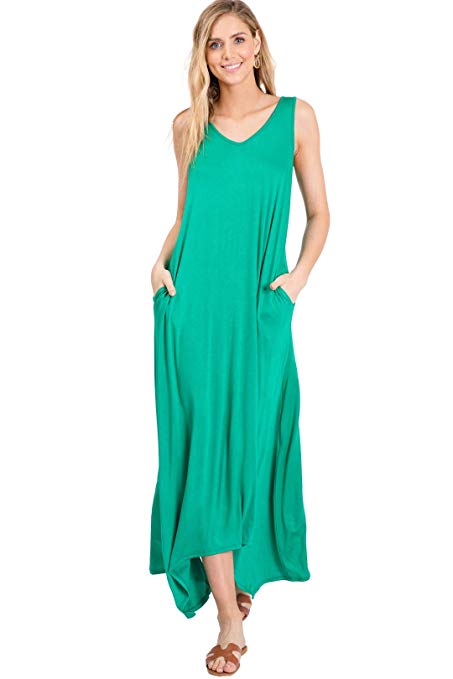 Annabelle Women's Casual V Neck Sleeveless Tank Top Long Maxi Dresses with Pockets