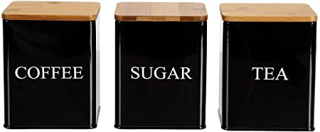 Bekith 3 Pack Tea Sugar Coffee Canister Set with Bamboo Lids Kitchen Storage, 11 x 11 x 14.1CM (Black)