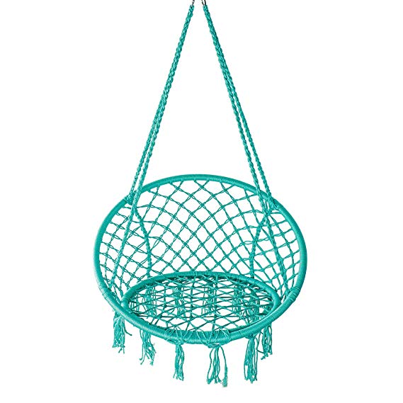 LAZZO Hammock Chair Handwoven Polyster Rope Macrame Swing with Cushion and Wall/Ceiling Mount, 300 Pounds Capacity, for Indoor, Garden, Patio, Yard (Blue)