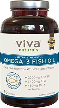 Viva Labs Omega 3 Fish Oil Supplement - The HIGHEST Concentration Omega 3 Capsules, 2,200mg Fish Oil/serving, 90 Softgels
