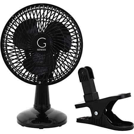 Genesis 6-Inch Clip-On Fan - Convertible Table-Top & Clip Fan, Fully Adjustable Head, Two Quiet Speeds - Ideal For The Home, Office, Dorm, More - Black