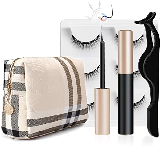 Luxury Makeup Bag for Purse Large Women Cosmetic Bags for Toiletry Travel with 1 Set Magnetic Eyelashes with Eyeliner (Beige 1)