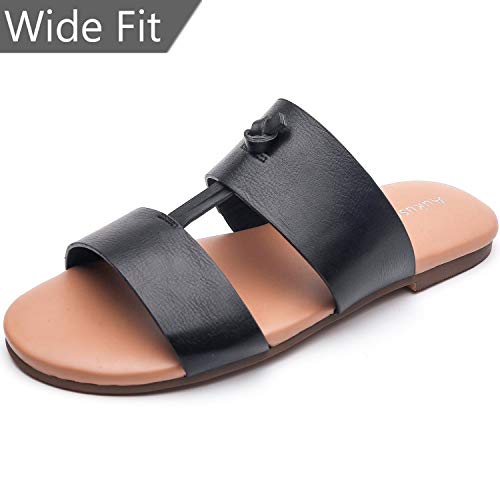 Aukusor Womens Wide Flat Sandals - Slide Summer Shoes with Two Straps and Memory Foam Insole
