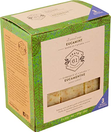 Crate 61 Eucamint (Eucalyptus & Peppermint) Soap 3 pack, 100% Vegan Cold Process, scented with premium essential oils, for men and women, face and body. ISO 9001 certified manufacturer