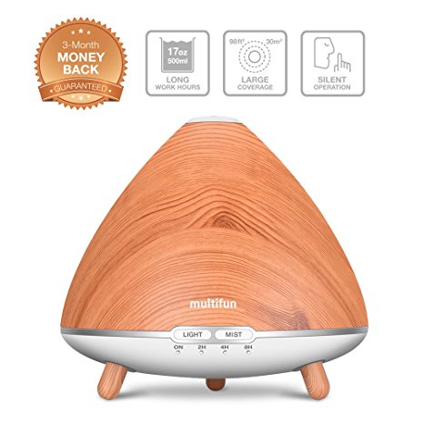 Essential Oil Diffuser, multifun 17OZ (500ml) Cool Mist Humidifier with Woodgrain, 98sq.ft Coverage Super Silent Ultrasonic Aroma Diffuser with Low Water Auto Shut-off for Bedroom Office Home