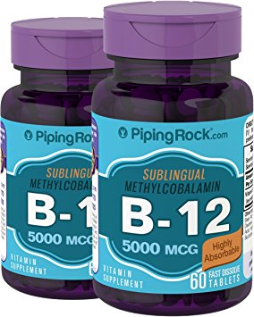 Piping Rock Sublingual Methylcobalamin B-12 5000 mcg 2 Bottles x 60 Fast Dissolve Tablets Highly Absorbable Vitamin Supplement