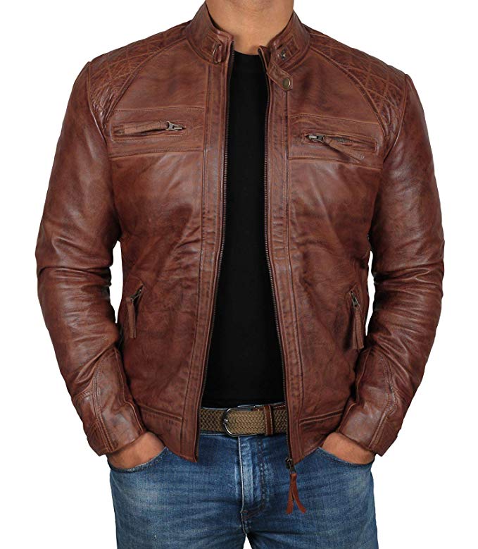 Brown Leather Jacket Men for Bikers - Distressed Lambskin Waxed Motorcycle Leather Jacket