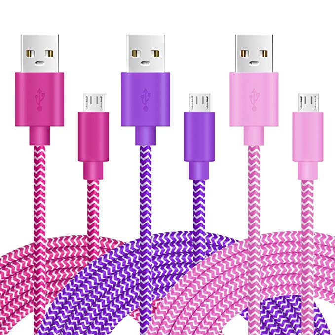 Micro USB Charging Cable, Pofesun 3-Pack 6ft High Speed Nylon Braided Android Charging Cables Compatible Samsung Galaxy S7 S6 Edge, Sony, Motorola, HTC, LG Android Tablets and More(Pink/Purple/Rose)