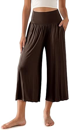 ODODOS Women's Wide Leg Palazzo Lounge Cropped Pants with Pockets Light Weight Comfy Pajama Capri Pants-20/22"/ 24" Inseam